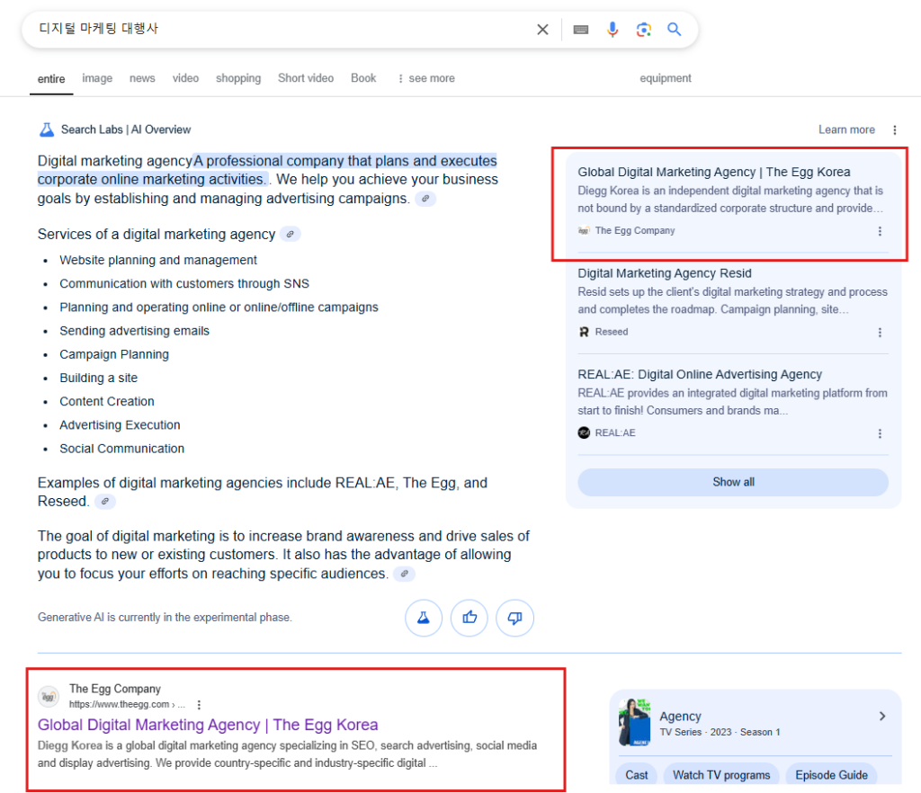 We optimized our Korea website to appear in the Google AI Overview for the search '디지털 마케팅 대행사,' which translates to 'digital marketing agency' in English.