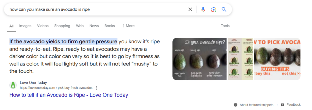 Featured snippet showing “how can you make sure an avocado is ripe” on Google