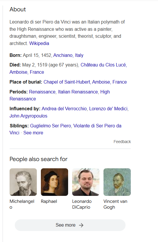 Knowledge panel about Leonardo da Vinci
