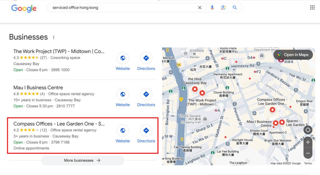 We helped our client, Compass, optimize their profile, and they now appear in the results for 'serviced office Hong Kong' on Google in Hong Kong.