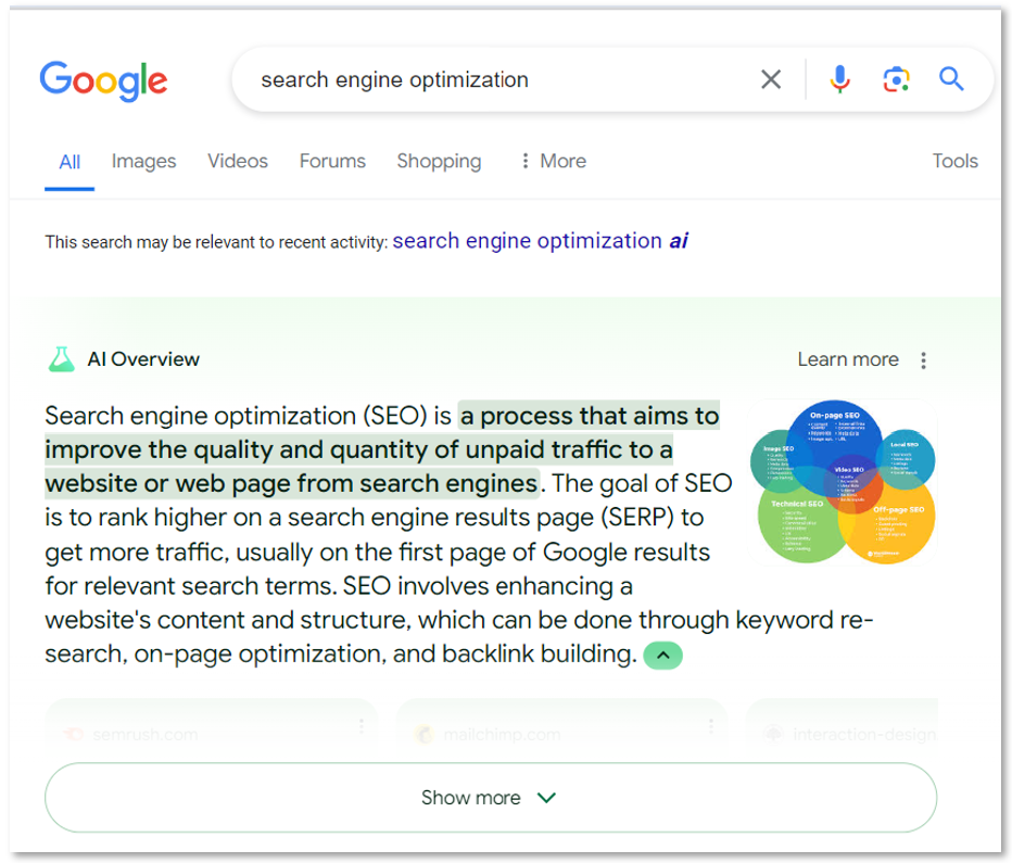 AI Overview results for the search “search engine optimization”